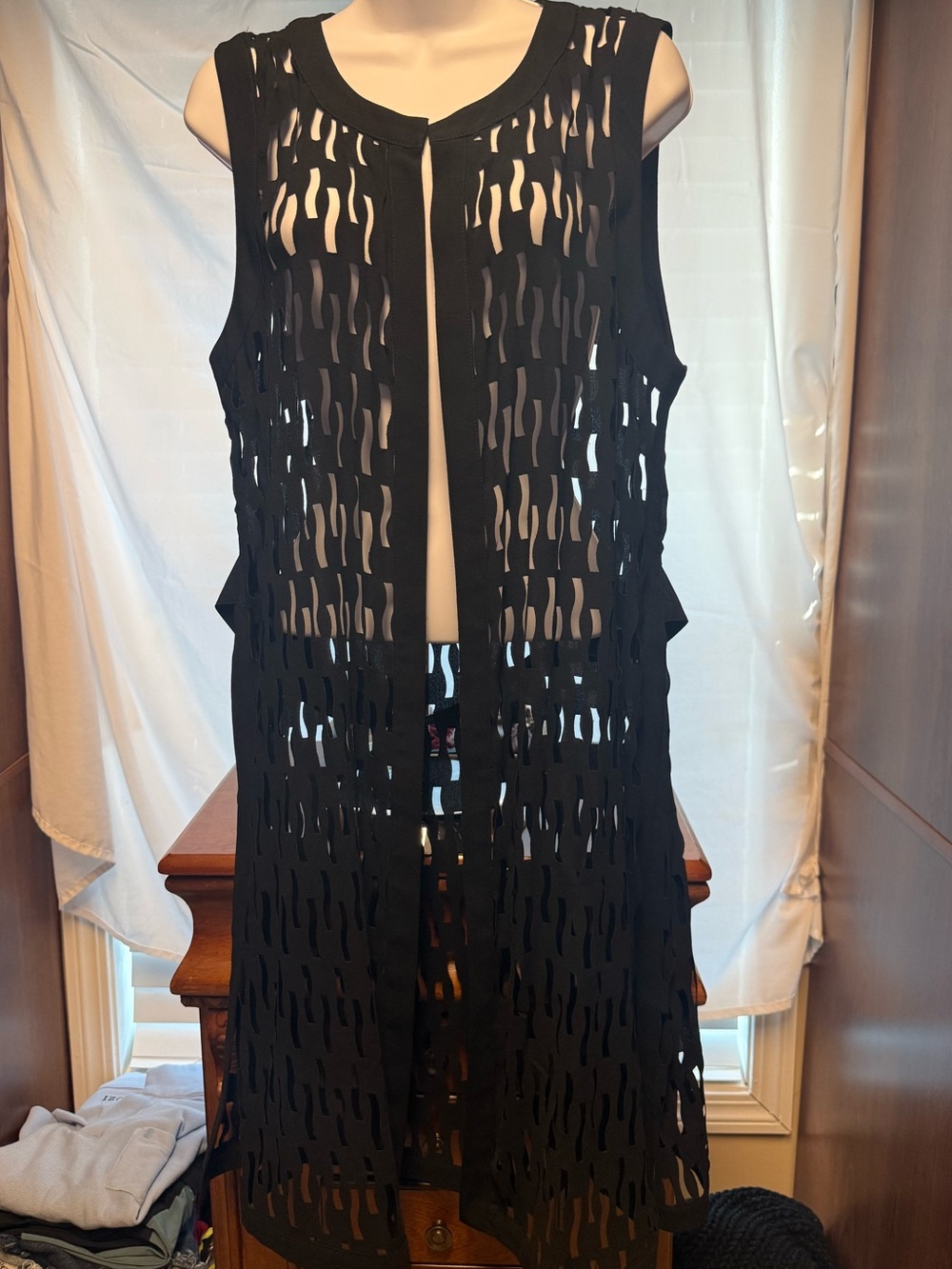 Rafaella XL Black Laser Cut Openwork Long Duster Vest Artsy Lagenlook
